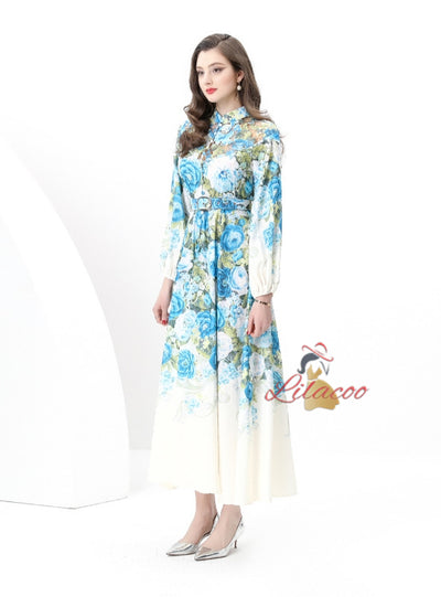 Retro Stand-up Collar Breasted Stitching Printed Long Dress