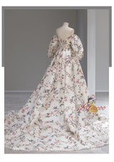 White Vintage Print Puff Sleeve Prom Dress