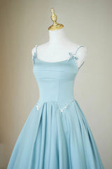 Blue Satin Spaghetti Straps Pearls Prom Dress