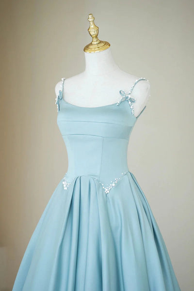 Blue Satin Spaghetti Straps Pearls Prom Dress