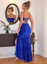 Sexy Slit Backless Sequined Dress