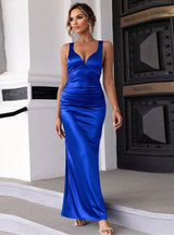 Sexy Solid Color Pleated Satin Evening Dress