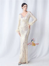 Long Sleeve V-neck Mermaid Sequins Prom Dress