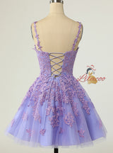 Purple Tulle Straps Appliques Homecoming Dress