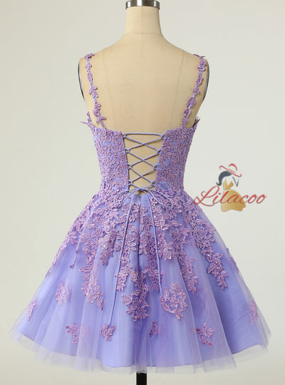 Purple Tulle Straps Appliques Homecoming Dress