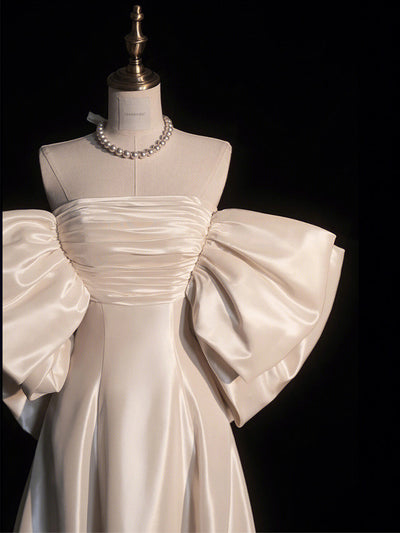 Ivory White Satin Strapless Pleats Wedding Dress