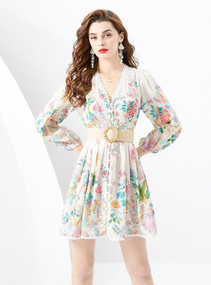 Lace V-neck Lantern Sleeve Pleated Printed Short Dress