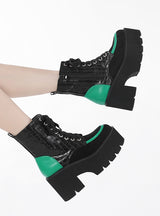 Contrasting Serpentine Embossed Thick-soled Heel Booties