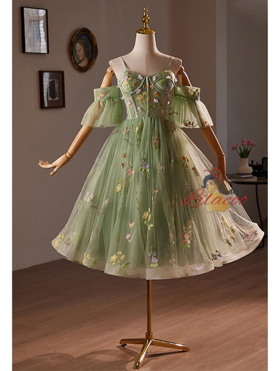 Green Tulle Embroidery Straps Homecoming Dress