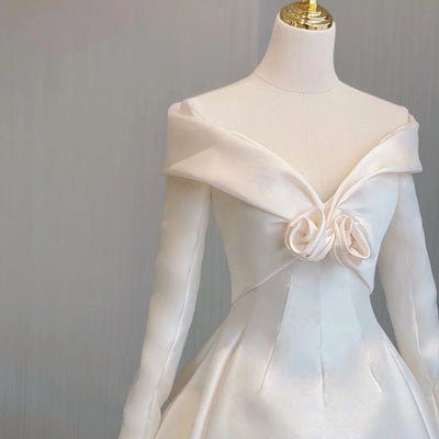 Ivory White Satin Long Sleeve Wedding Dress