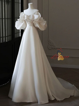 White Satin Off the Shoulder Pleats Wedding Dress