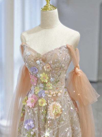 Champagne Tulle Sequins Strapless Appliques Prom Dress