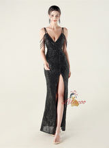 V-neck Mermaid Sequins Spaghetti Straps Beading Prom Dress