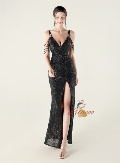 V-neck Mermaid Sequins Spaghetti Straps Beading Prom Dress