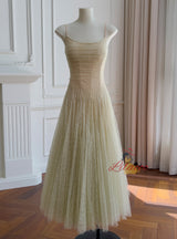 Green Lace Pleats Straps Prom Dress