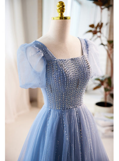 Blue Tulle Square Neck Beading Prom Dress