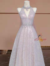 Pink Sequins Halter Beading Crystal Prom Dress