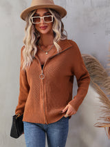High Neck Solid Color Zipper Sweater Coat