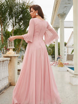 Pink Chiffon V-neck Short Sleeve Prom Dress