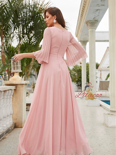 Pink Chiffon V-neck Short Sleeve Prom Dress
