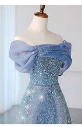 Blue Tulle Sequins Off the Shoulder Pleats Prom Dress