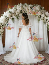 White Tulle Appliques Puff Sleeve Wedding Dress