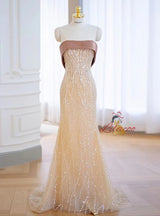 Champagne Mermaid Sequins Prom Dress With Bow