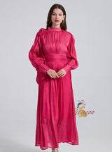 Pleated Silm Waist Long Bubble Sleeve Dress