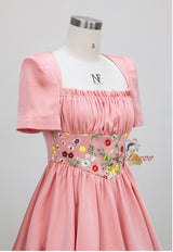 Pink Short Sleeve Pleats Embroidery Prom Dress