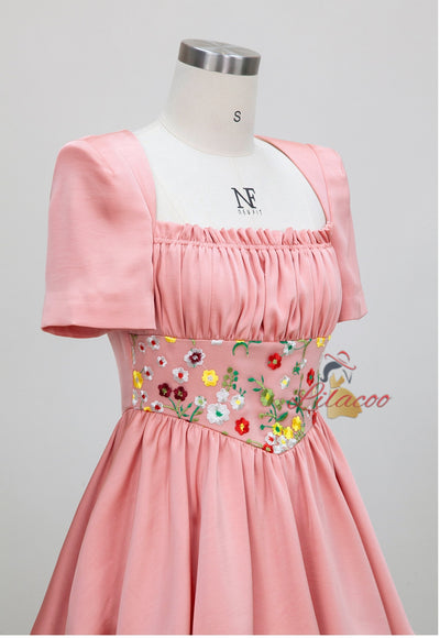 Pink Short Sleeve Pleats Embroidery Prom Dress