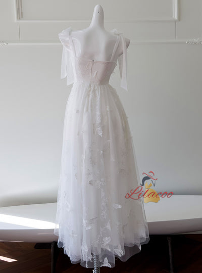 White Gauze Sling Bow Dress