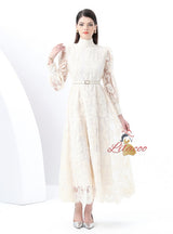 Embroidered Lantern Sleeves Lace Dress