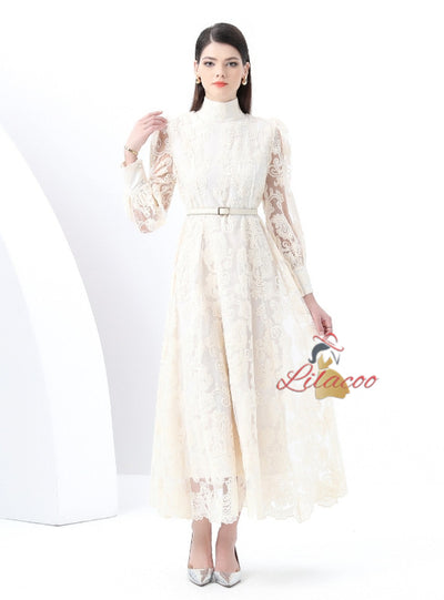 Embroidered Lantern Sleeves Lace Dress