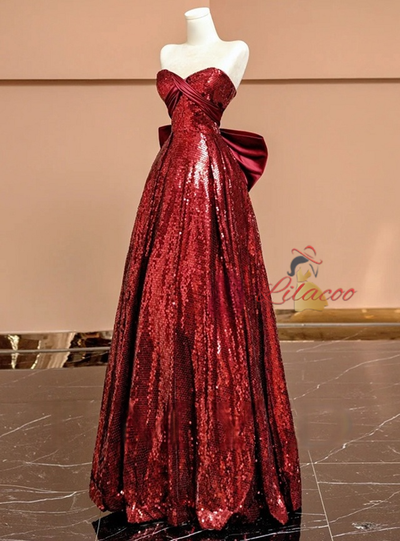 Burgundy Sequins Strapless Bow Prom Dress