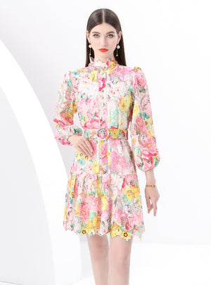Retro Single-breasted Printed Short Dress