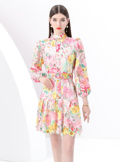 Retro Single-breasted Printed Short Dress