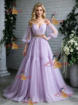 Purple Tulle Long Sleeve Pleats Prom Dress