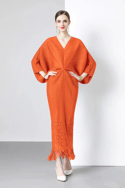 Loose Bat Sleeve V-neck Fringed Pleated Dress