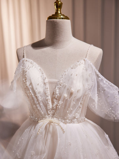 White Tulle Sequins Pearls Homecoming Dress