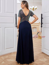 Navy Blue Chiffon Sequins V-neck Party Dress