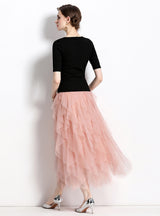 Black Top Cake Skirt T-shirt Two-piece Suit