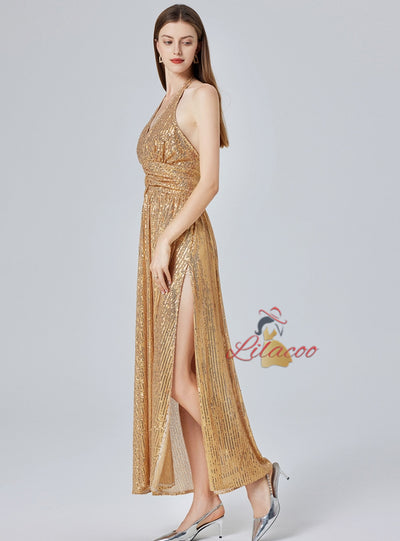 Halter V-neck Sequins Long Party Dress