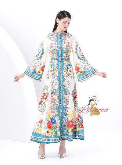 Palace Wind Horn Sleeve Button Printed Dress