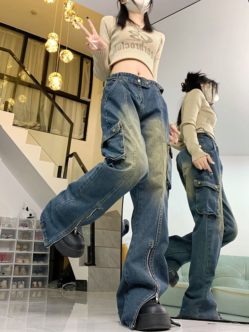 Stylish High-waisted Loose-fitting Pocket Casual Straight-leg Wide-leg Jeans