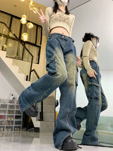 Retro Pocket Straight Loose Wide-leg Jeans