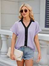 V-neck Contrast Short Sleeve Loose T-shirt