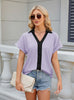 V-neck Contrast Short Sleeve Loose T-shirt