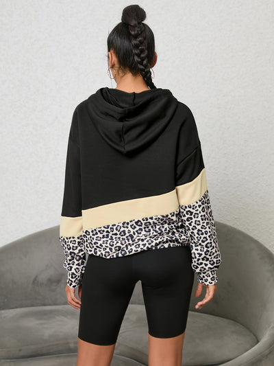 Leopard Print Splicing Hooded Long-sleeved Top