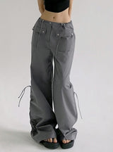 Solid Color Pleated Pocket Low Waist Pant