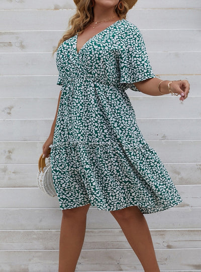 V-neck Bat Sleeve Printed Casual Plus Size Dress